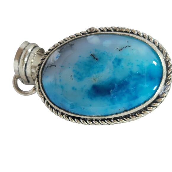 Blue Opal Pendant – Handmade Sterling Silver 1.5" Oval Necklace - Picture 3 of 12